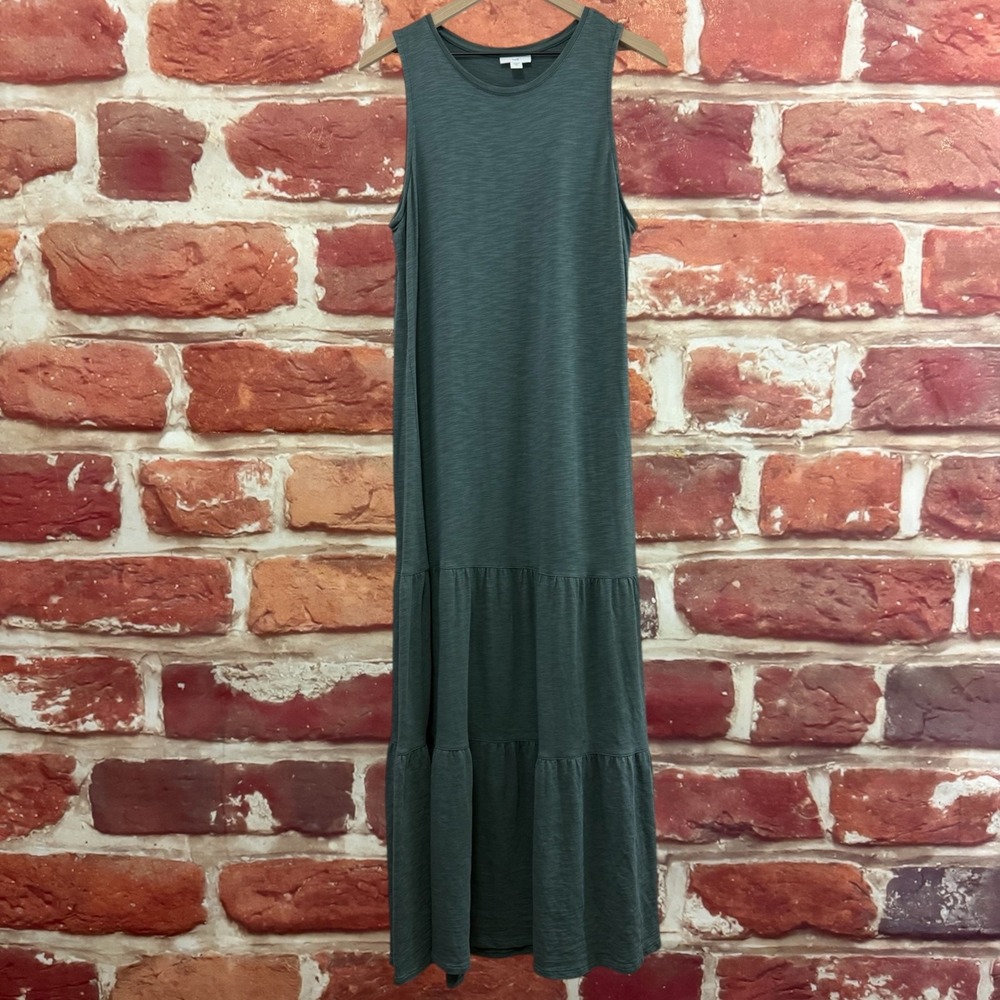 J Jill Maxi Dress Women's M Green Stretchy Tiered Slubbed Casual Basic Sundress